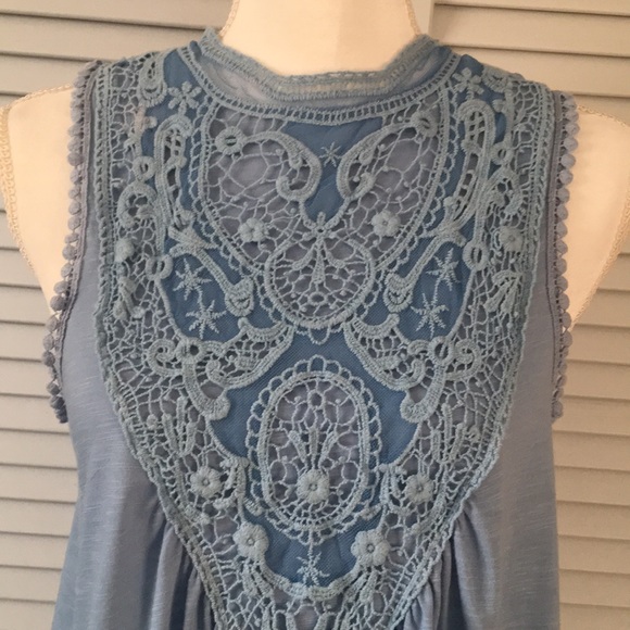 Altar’d State Blue Tank Top High Lace Neckline - Picture 3 of 8